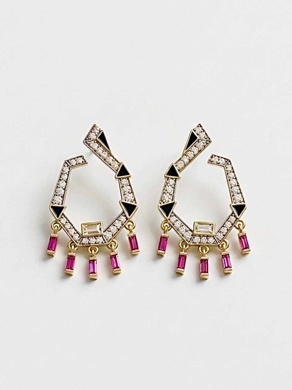 14K Gold Plated Geometric Drop Earrings |  Black Enamel w/ CZ & Pink Baguette